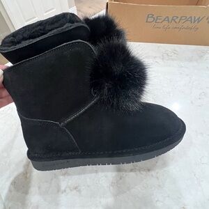BearPaw Pom-Pom Black Suede Boots with Fur Trim